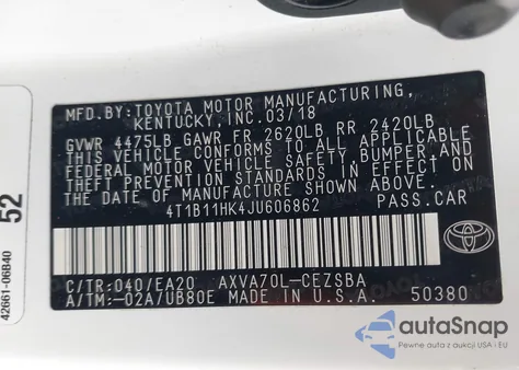 2018 Toyota Camry Se from USA, damaged, VIN 4T1B11HK4JU606862